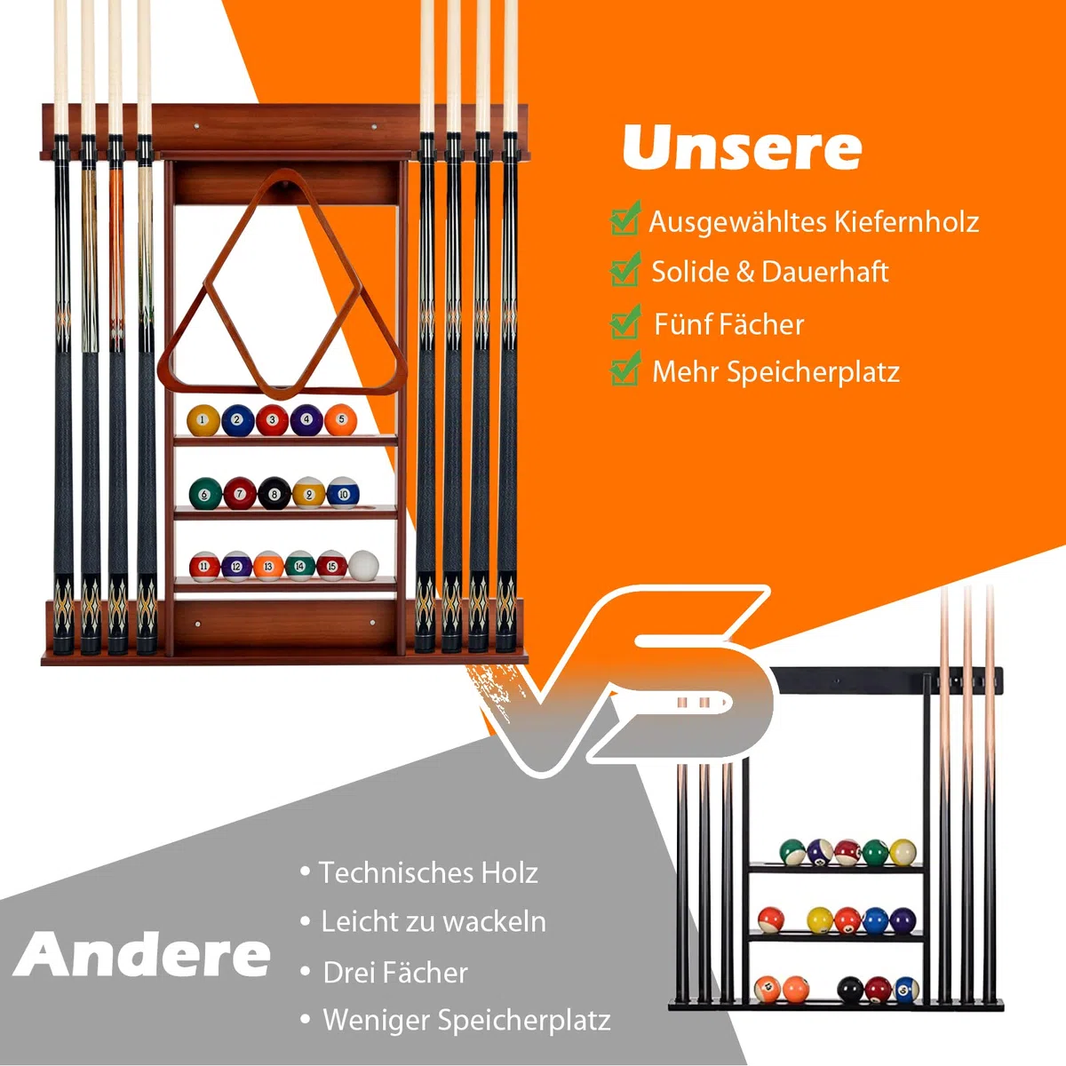 COSTWAY Billard Queue Halter Wandmontage, Wandqueuehalter für 8 Queues, 15 Billardkugeln und 1 Ballständer, aus Kiefernholz (Braun)