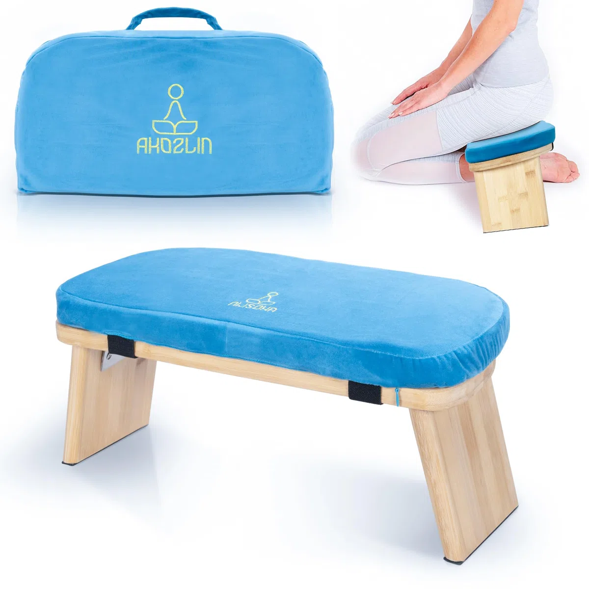Meditationsbank Klappbar, Ergonomischer Bambus Yoga Hocker, Meditationshocker mit Kissen, Tragbarer Meditationsstuhl mit Tragetasche zum Knien, Gebet, Fortgeschrittene Praxis