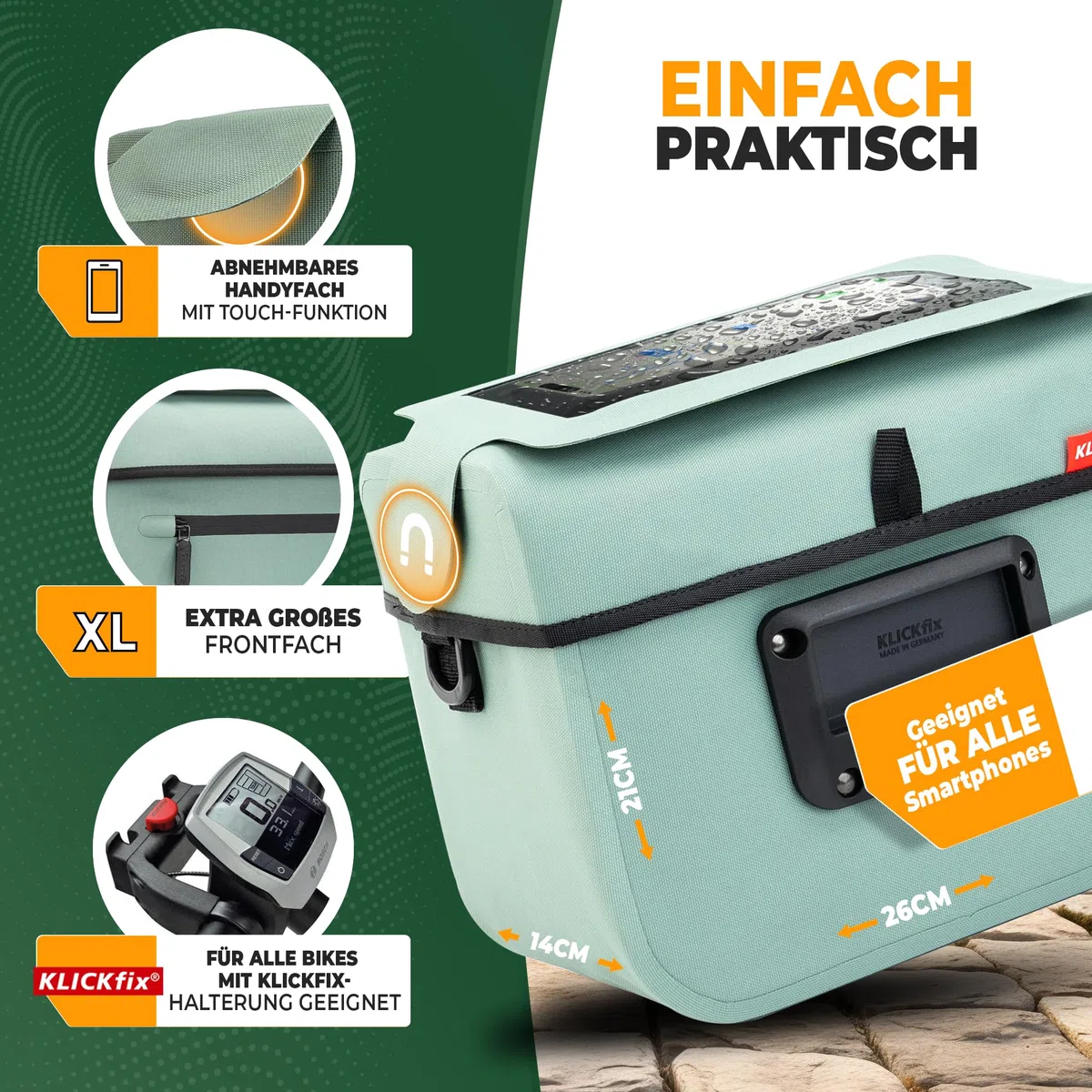 MIVELO Lenkertasche Fahrrad passend für KLICKfix - 100% wasserdicht - Fahrradtasche Lenker - abnehmbares Handyfach - Tasche Lenker - E-Bike tauglich (Mint, ohne Adapter)