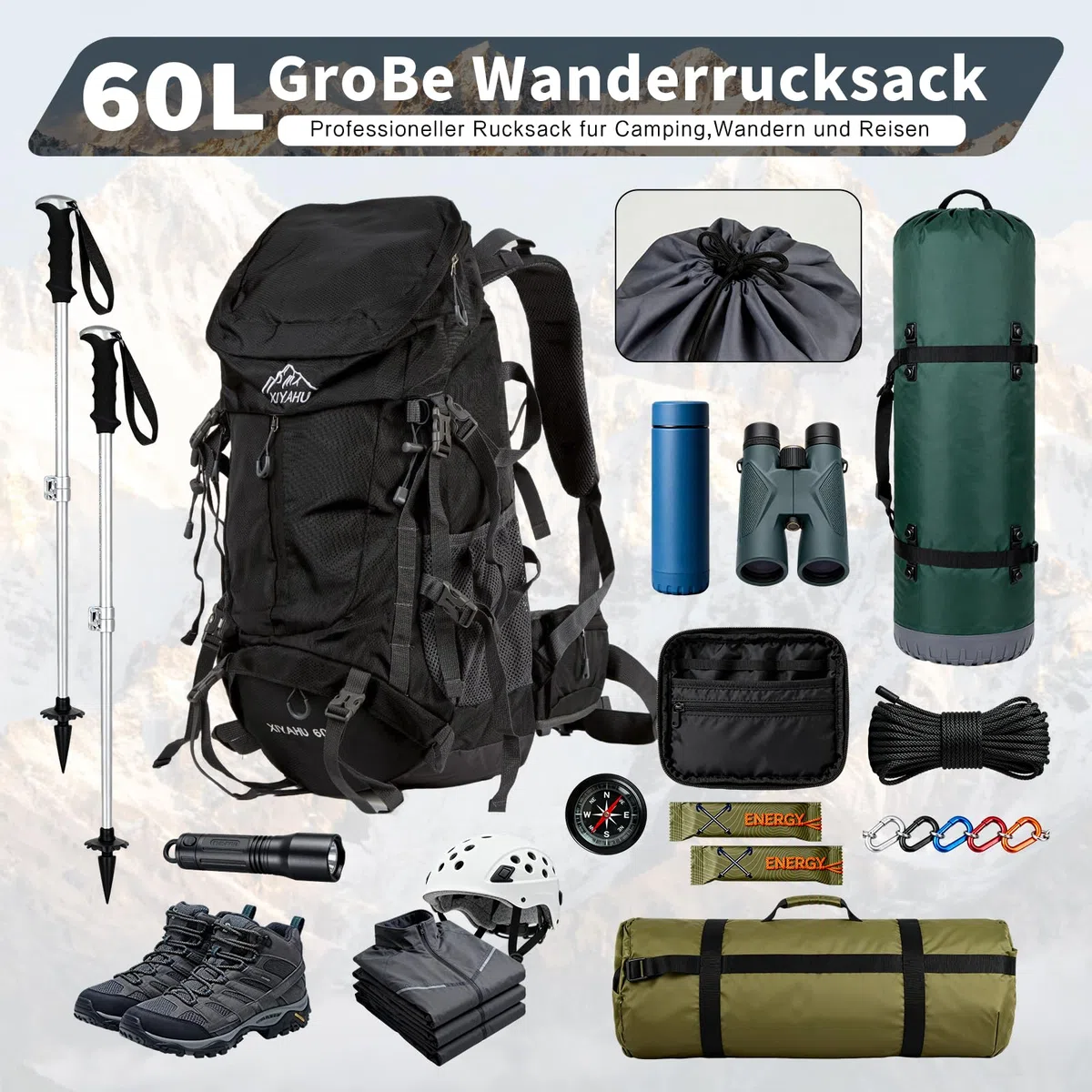 Wanderrucksack 60L Wasserdicht mit Regenhülle – Trekkingrucksack mit Tragesystem, Trinksystem-Kompatibilität, Schuhfach, Leicht & Ergonomisch für Camping, Wandern & Mehrtagestouren (Schwarz)