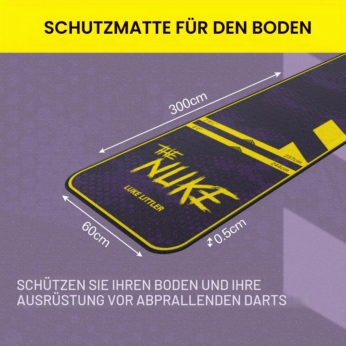 TARGET Darts Luke Littler Dartmatte, The Nuke Darts Matte | Dart Oche Matte mit Soft- und Steeldarts Wurflinienabstände | rutschfeste Teppichmatten für Boden und Dartspitzen Schutz