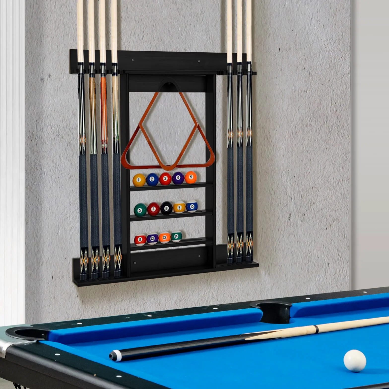 GYMAX Billard Queue Halter für 8 Queues & Billardzubehör, Wandmontierter Queueständer, Billard Queue Halterung aus Kiefernholz, für Billardzimmer & Club, 79 x 8 x 91 cm (Schwarz)