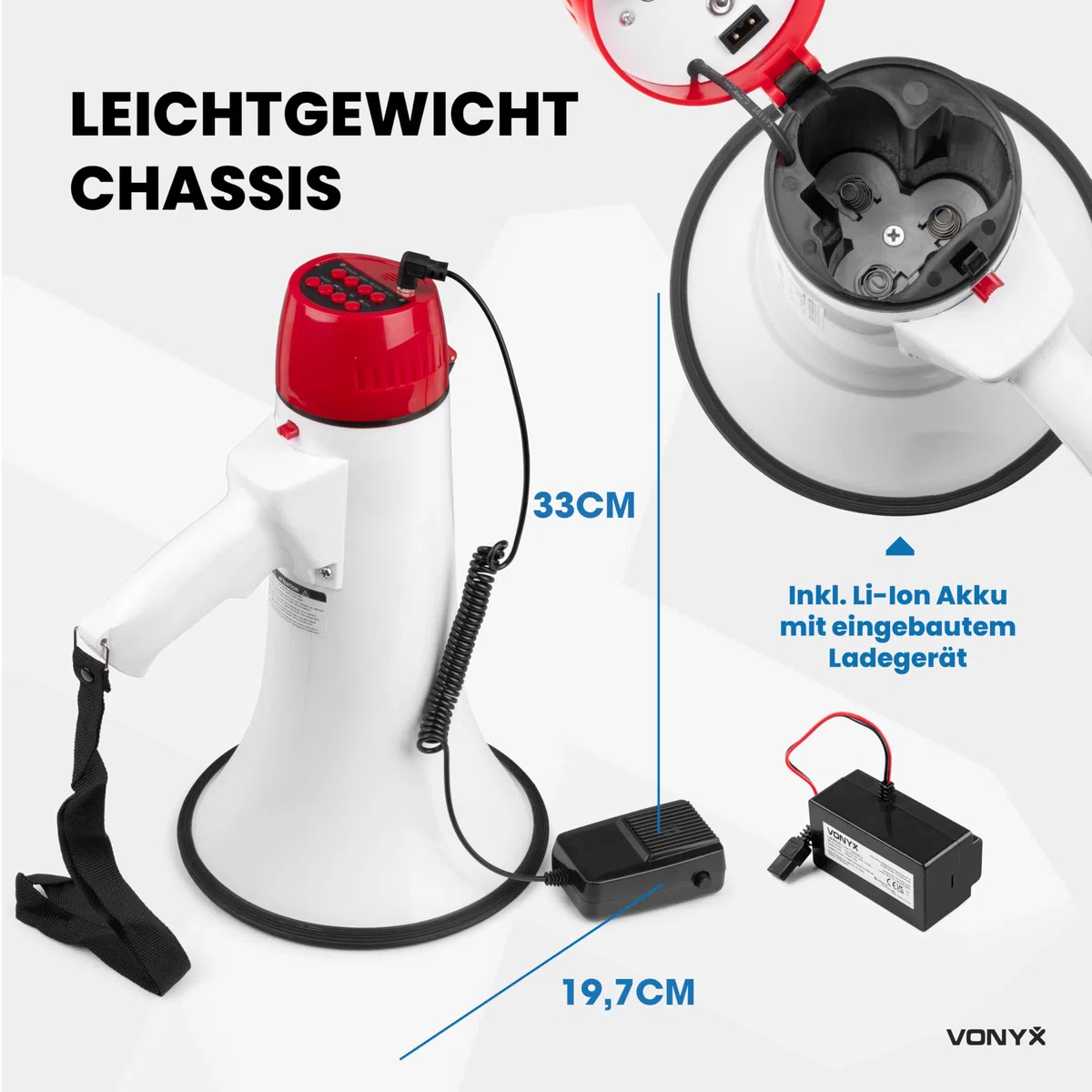 Vonyx MEG045 - Akku Megaphone mit Sirene und Mikrofon, inkl. 2X Akkus, Bluetooth, Aufnahmefunktion, 45 Watt Megafon, bis 1000 Meter Reichweite, Megaphon mit Umhänge-Gurt, MP3, USB, SD, Weiß/Rot