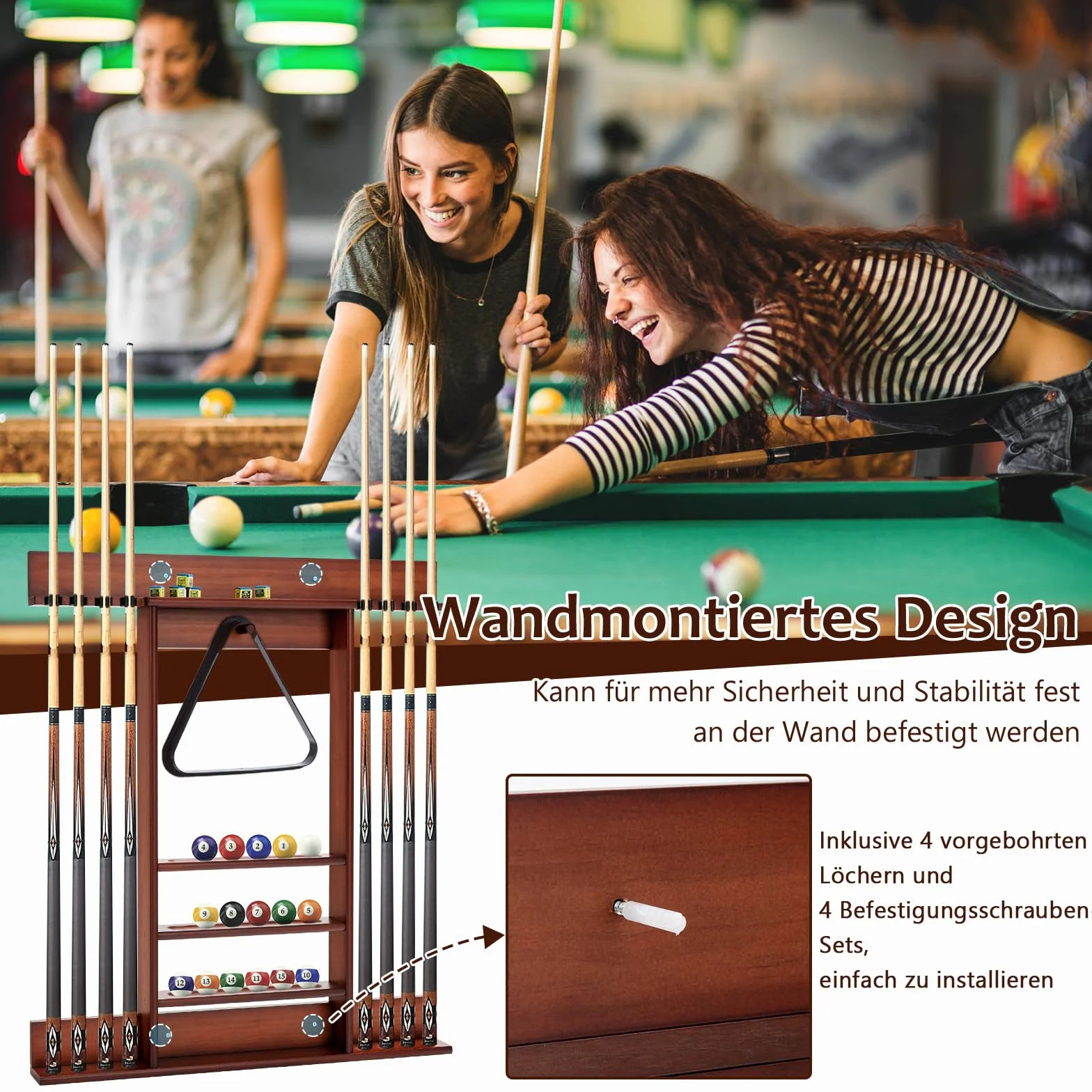 GOPLUS Billardständer, Pool Queue Halter aus Kiefernholz mit 8 Queue-Stifte, 3-stufig, Ball Rack Halter & Regal, Billardqueueständer für Bars Clubs Spielzimmer, Wandmontage (Braun)