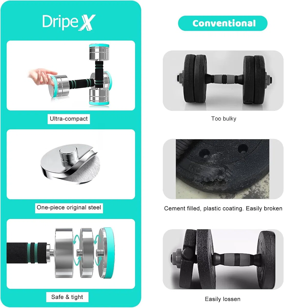 Dripex Hanteln Set, Verstellbare Kurzhanteln 2er Set oder Einzeln aus Stahl, Gewicht von Einzelnen Hantel: 2,5kg, 5kg, 7,5kg, 10kg, 15kg, 25kg, 30kg für Zuhause