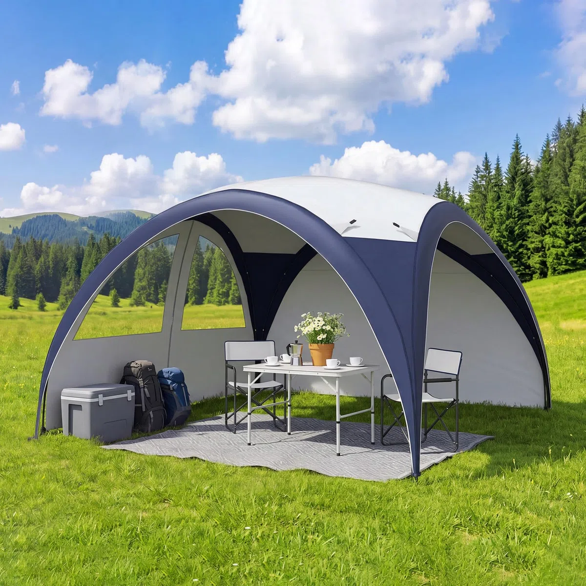 Aoxun Event Shelter Kuppelzelt mit Seitenwänden, Tragbare Stahlstange Camping Pavillon Gartenpartys Veranstaltungen, Transporttasche 4 Vevstärkte Füße, Wasserdicht (4000 mm), UPF 50+, 3,5 x 3,5 m