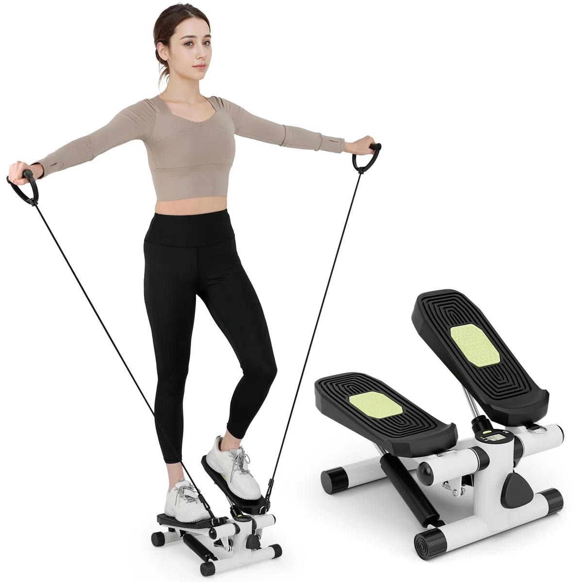 KOMFOTTEU Mini Stepper tragbar, Swing Stepper höhenverstellbar mit Widerstandsbändern, LCD-Bildschirm, rutschfeste Pedale, Fitnessgeräte bis 100 kg für Körpertraining, Übung