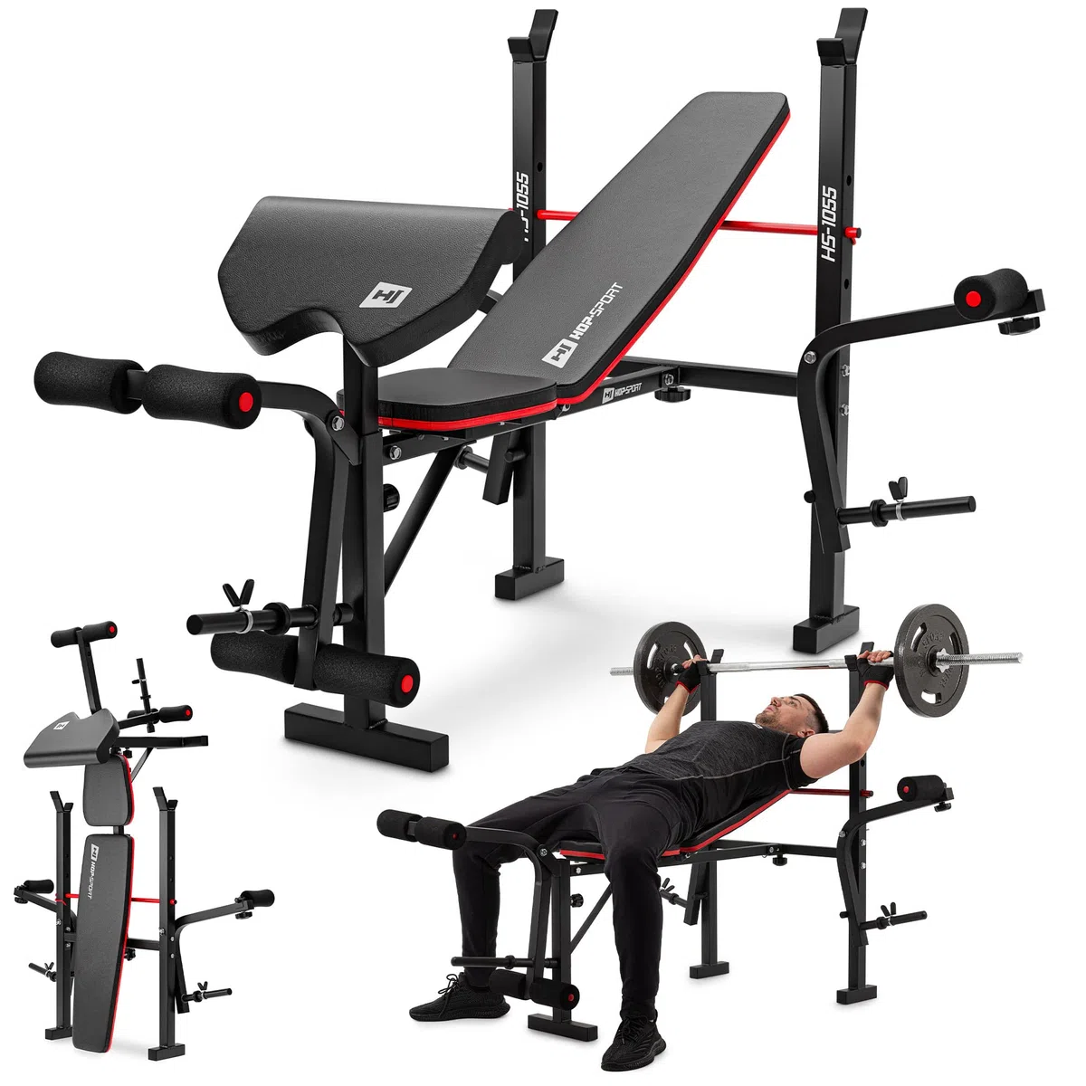 Hop-Sport Hantelbank klappbar, verstellbare Fitnessbank mit Beinstrecker, Butterfly, Curlpult & Langhantelablage, Krafttrainingsgerät für Zuhause, 240 kg Max. Belastbarkeit der Hantelbank