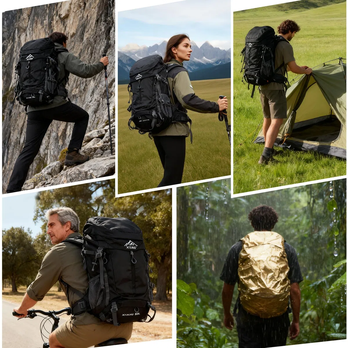Wanderrucksack 60L Wasserdicht mit Regenhülle – Trekkingrucksack mit Tragesystem, Trinksystem-Kompatibilität, Schuhfach, Leicht & Ergonomisch für Camping, Wandern & Mehrtagestouren (Schwarz)