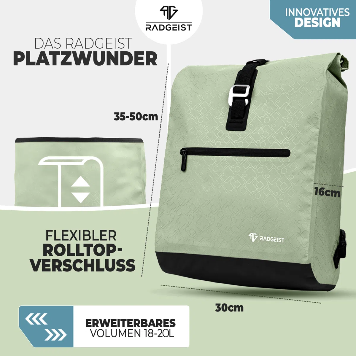 RADGEIST Fahrradtasche für Gepäckträger I Gepäckträgertasche & Rucksack I Fahrradtasche für Damen & Herren I Umhängetasche & Gepäcktasche für Fahrrad 20L Mint