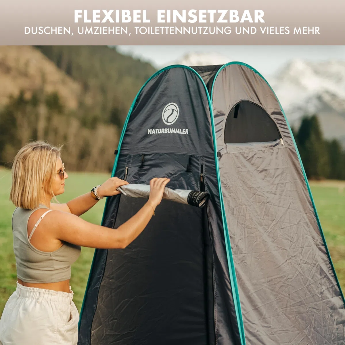 NATURBUMMLER Duschzelt Pop-Up [Privacy Protec+] wasserdicht & Blickdicht mit 5 Taschen & Boden (1,9  m Stehhöhe) – mobiles Toilettenzelt Umkleidezelt Sichtschutz für Camping Strand Outdoor