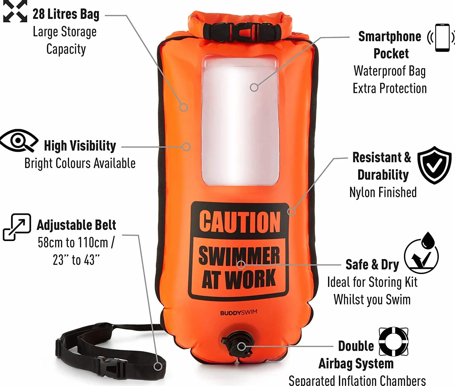 Schwimmboje 28 Liter. Schwimmboje Erwachsene freiwasser. Inklusive wasserdichter Tasche für das Handy. Ideal für Schwimmen, Triathlon oder andere Sportarten. Farbe Orange.