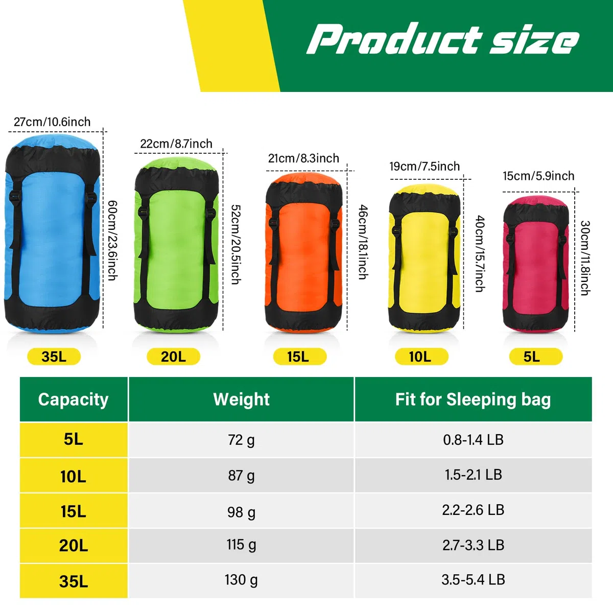 5 Stück Kompressionssack 5L/10L/15L/20L/35L Aufbewahrungstasche für Schlafsack für Rucksackreisen Wasserdicht Kompressionssack Leichte für Camping Outdoor Wandern Reisen