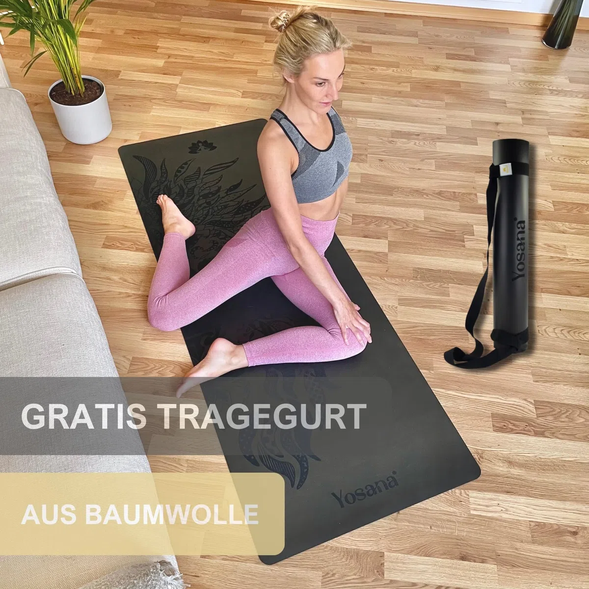 Yosana Yogamatte aus Naturkautschuk | extrem rutschfest | ULTRA GRIP Oberfläche aus ECO PU | extra breit 68cm | inklusive Tragegurt | Yoga matte 183x68cm | 4mm dünn