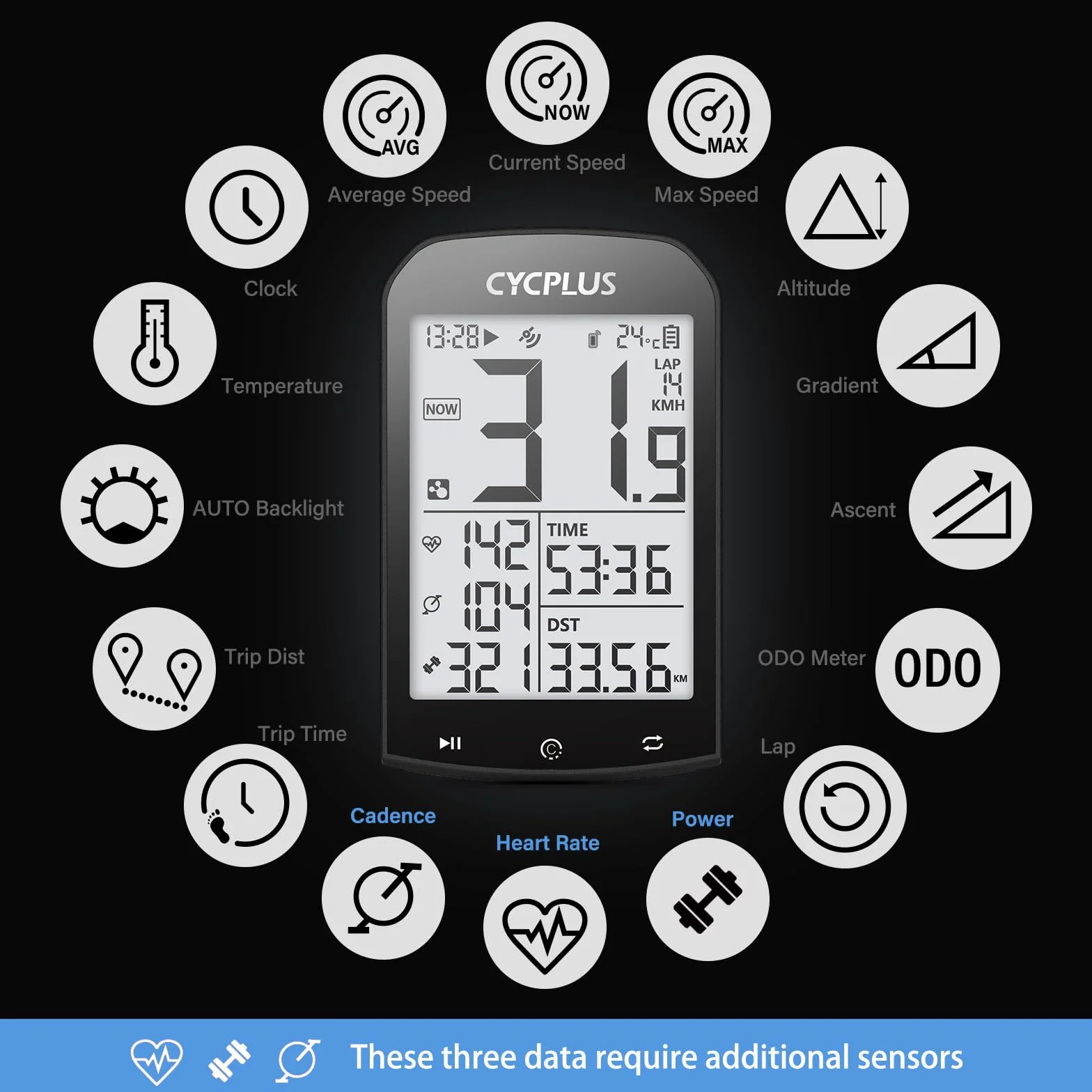 CYCPLUS GPS Fahrradcomputer Kabellos, wasserdichte Fahrrad Tachometer und Kilometerzähler, ANT+ Bluetooth Drahtloser Fahrrad Tacho, 2,9 Zoll LCD mit Hintergrundbeleuchtung (Neu Aufgerüstet)