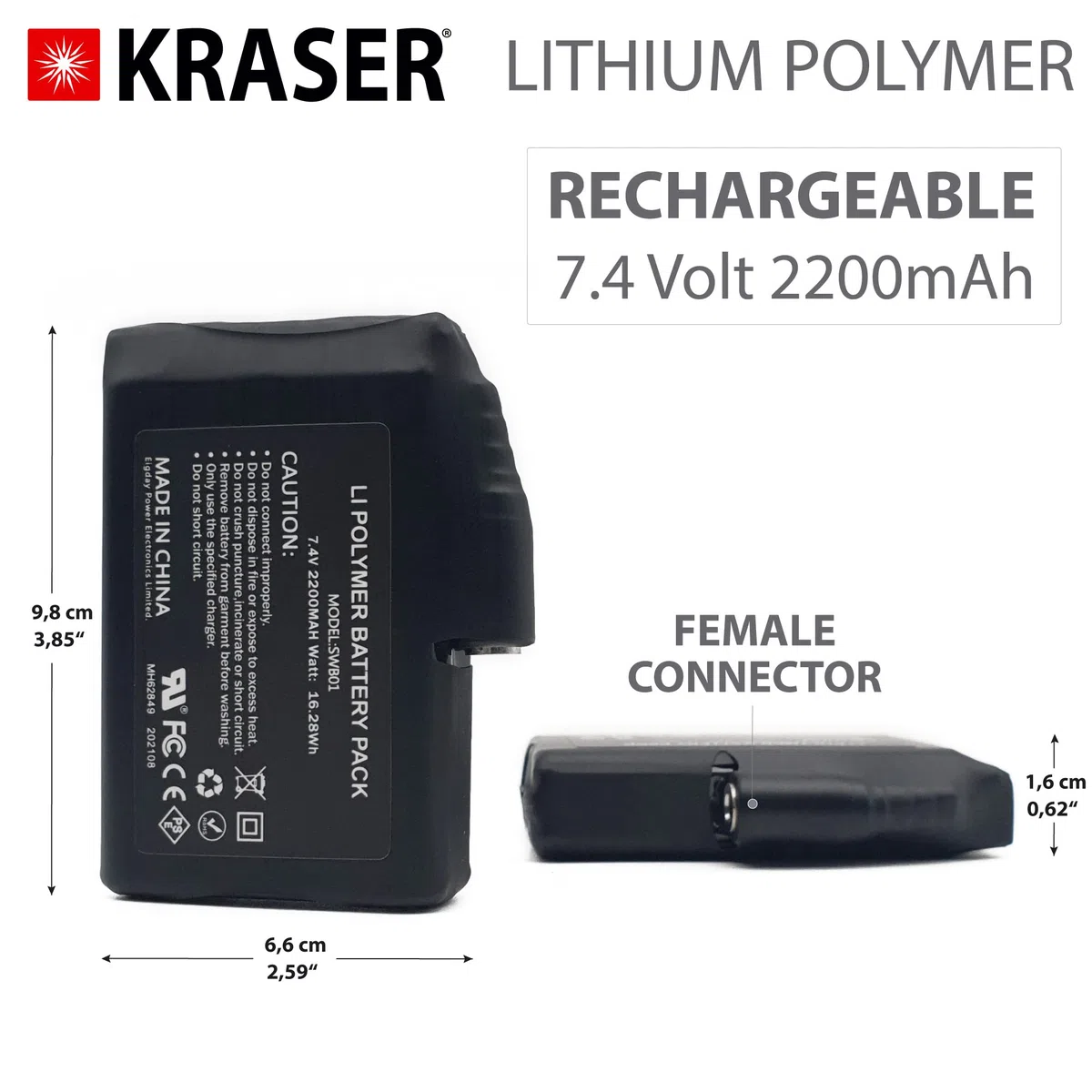 KRASER KRB01 Pack 2 Akkus für beheizte Handschuhe Bekleidung Elektrosocken, Lithium Polymer Ersatzakku, Buchse 7,4 Volt 2200mAh Lithium-Ionen Polymer