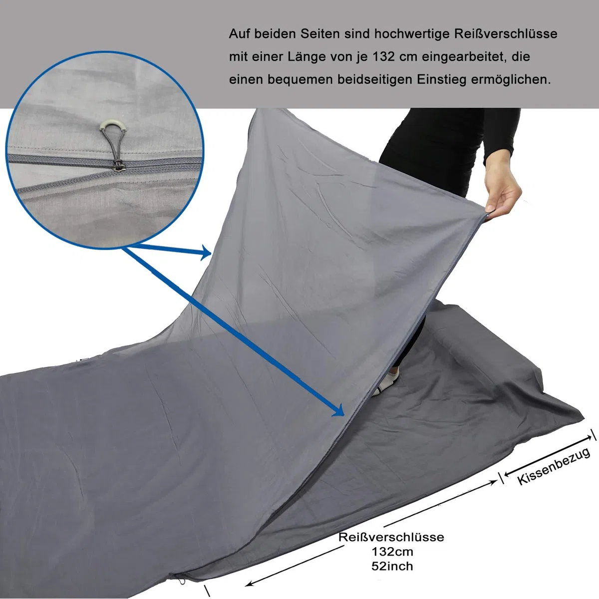 BROWINT Schlafsack Inlett aus Seide/Baumwolle, Reiseschlafsack mit Doppeltem Reißverschluss und Kissenfach, 220cm X 110cm Extrabreite Hüttenschlafsack für Hostels, Lnlay Leicht, Kompakt & Atmungsaktiv