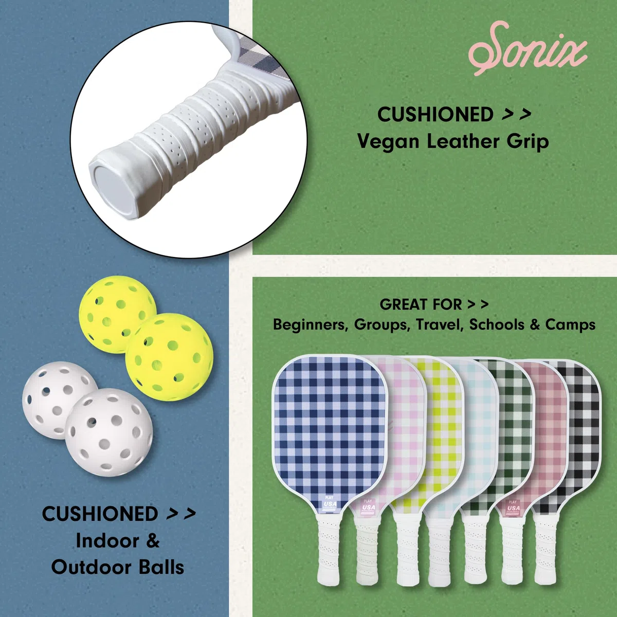 Sonix Pickleball-Paddel mit 2 Schlägern, 4 Bällen und Tasche mit Fiberglas-Oberfläche, USAPA-genehmigt