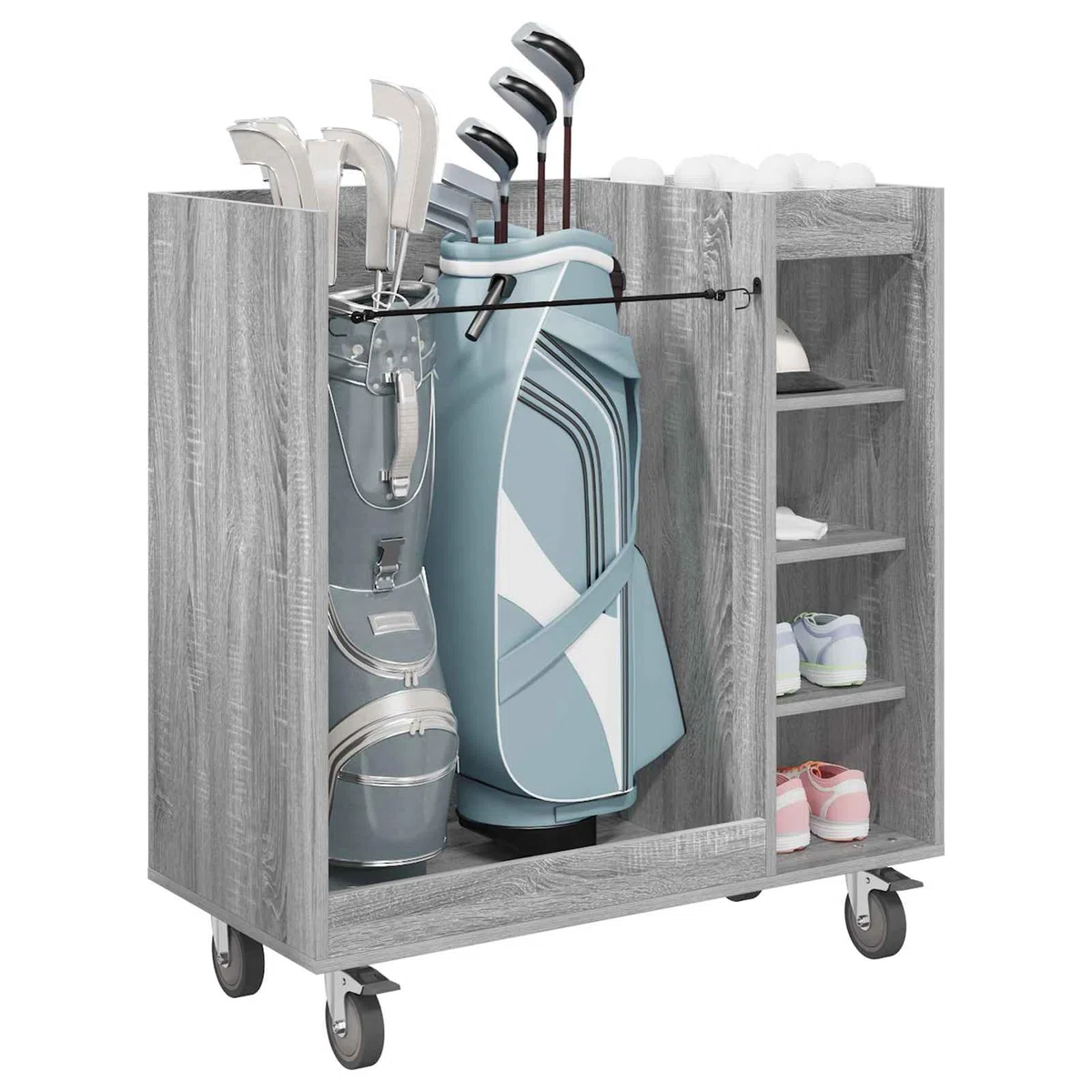 Gecheer Golfschrank, freistehend mit Rädern, Grau Sonoma, 90 x 45 x 98 cm, Holz, Regale für Garage, Aufbewahrung, Golfzubehör