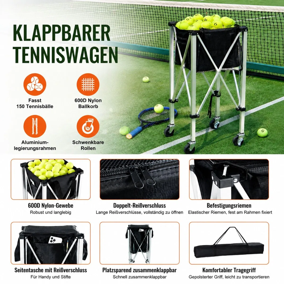 Tennisballwagen mit Rädern, Korb für 150 Bälle, Faltbare Struktur für Tennistraining