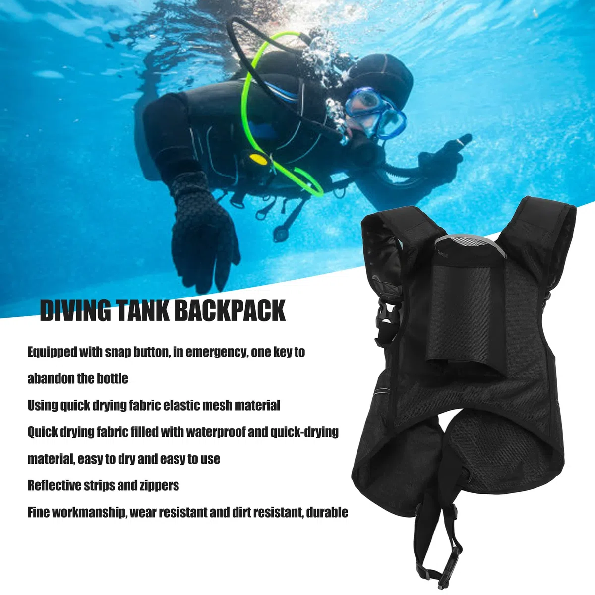 Tauchflaschen-Rucksack, verschleißfeste Reflexstreifen, Unterstützung für Sauerstoffflaschen, schnell trocknendes Stoffschnallen-Design für Unterwasseraktivitäten