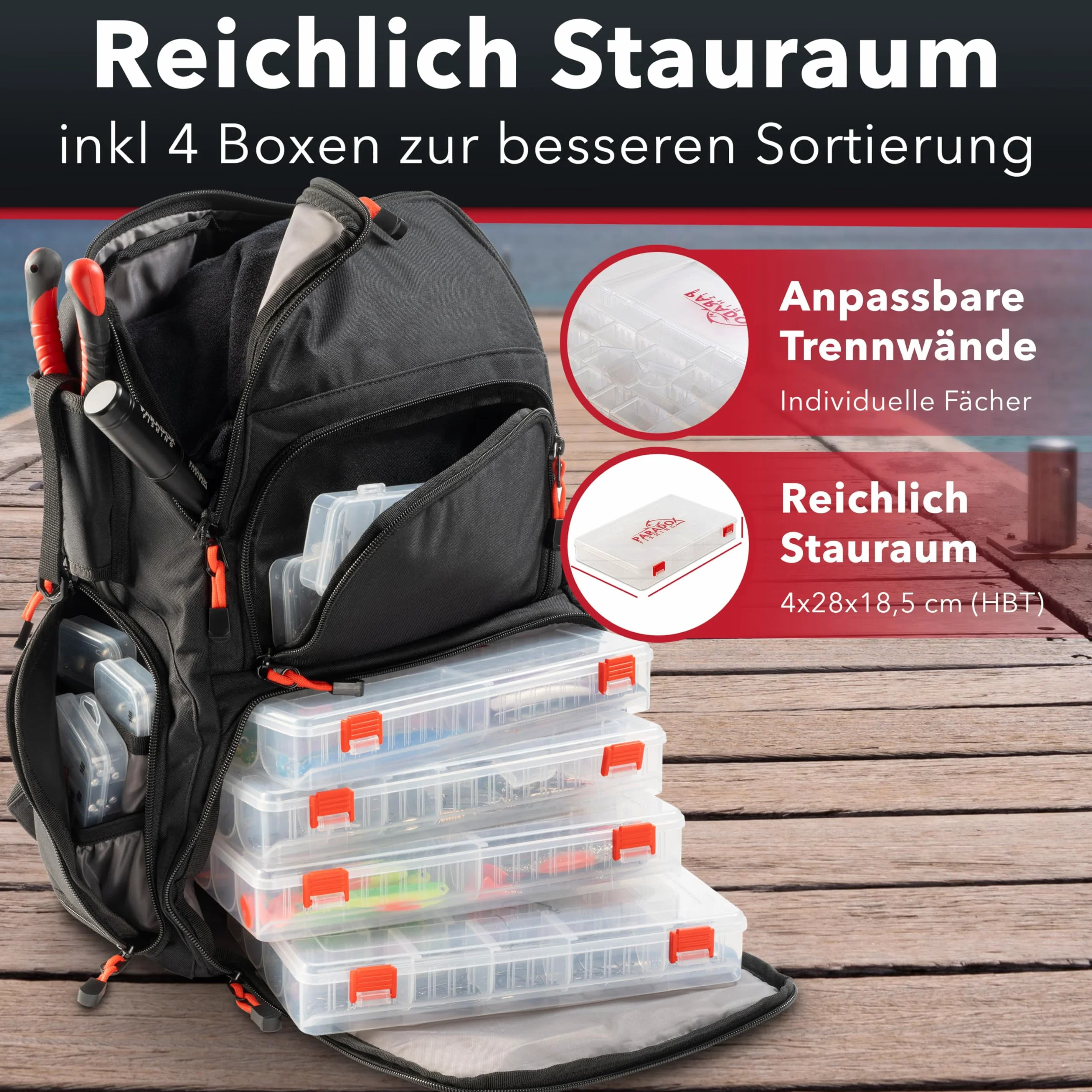 Paradox Fishing Angelrucksack mit Boxen I inkl. 4 Boxen I wasserabweisend I Angeltasche mit Tackle-Boxen Angelkoffer