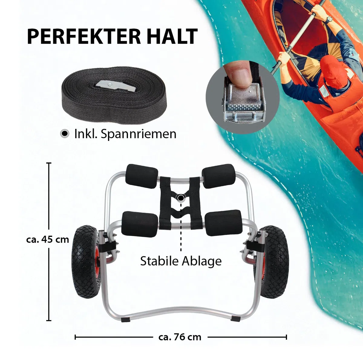 TRUTZHOLM Kajakwagen klappbar aus Aluminium mit Schaumstoff-Polsterung Lufträder Kanuwagen bis 80 kg Transportwagen für Wassersportgeräte Kajakwagen SUP Wagen Bootswagen Surfwagen inkl. Spannriemen