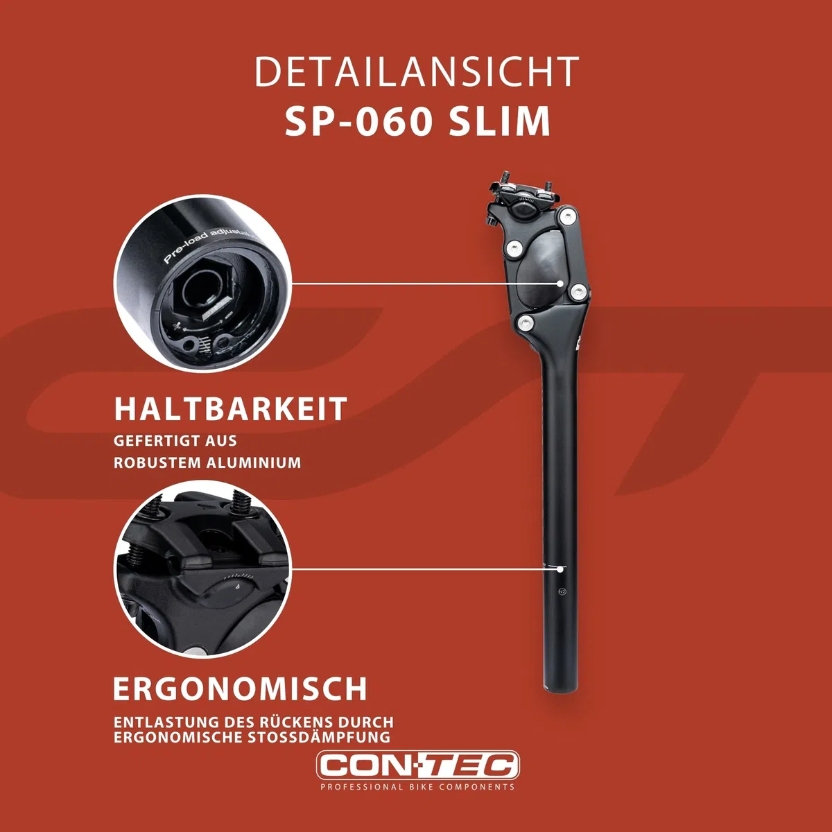 CONTEC Fahrrad-Federsattelstütze SP-060 Slim, Parallelogramm, Aluminium, Komfort für MTB & Citybike, Federung für Rücken-Entlastung, Schwarz