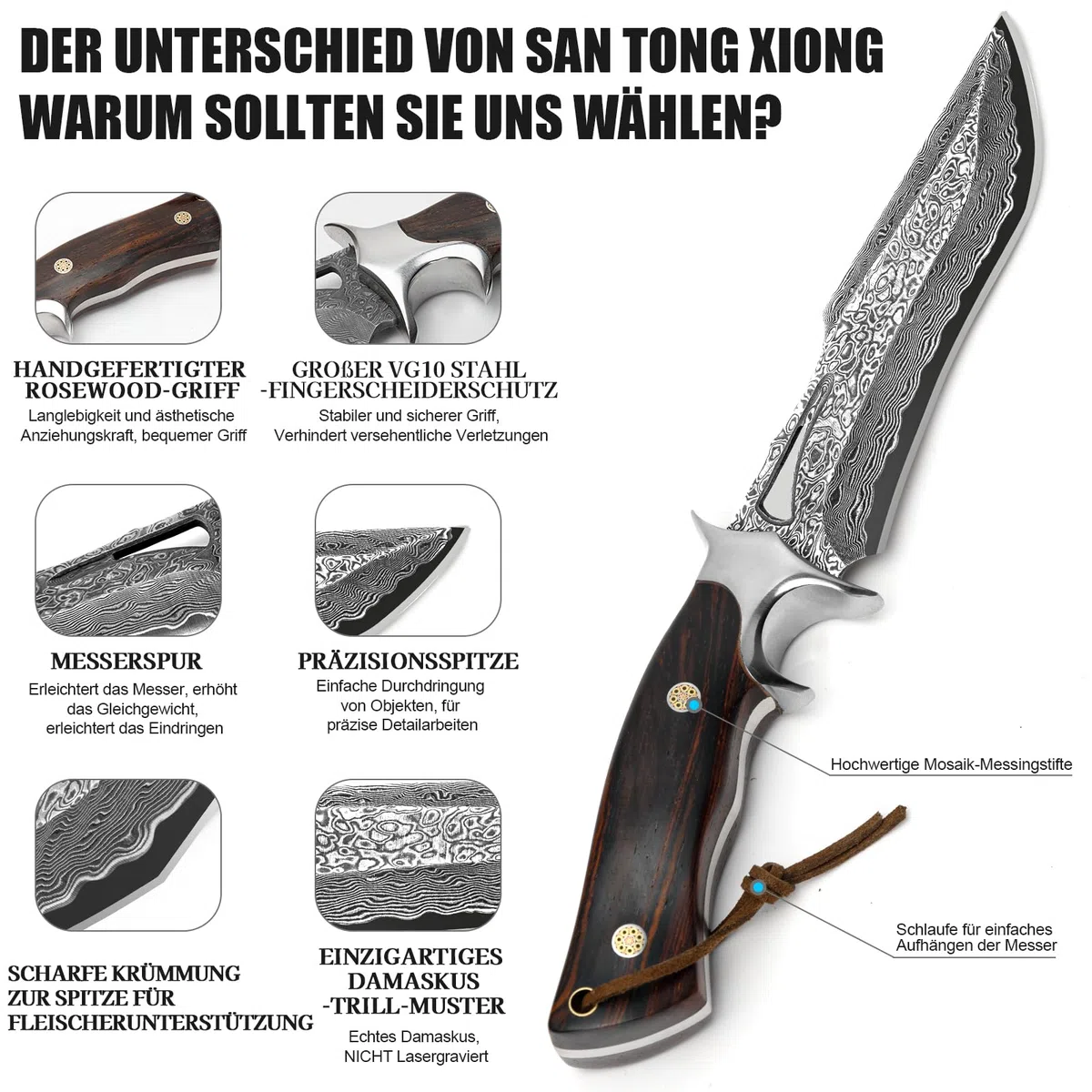 Damast Jagdmesser 26,4 cm, VG10 Feststehendes Bowie Survivalmesser | 67-lagiger Handgefertigter Damaszenerstahl mit Holzgriff und Echtlederscheide für Outdoor Bushcraft