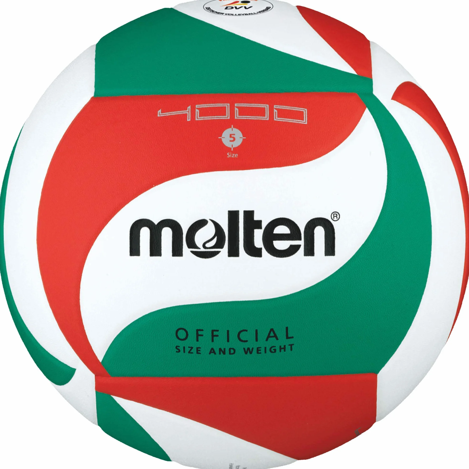 Molten V5M4000-DE Volleyball, Wettspielball, Synthetik-Leder, weich, DVV Prüfzeichen, weiß/grün/rot, Größe 5, Paketeinheit 60