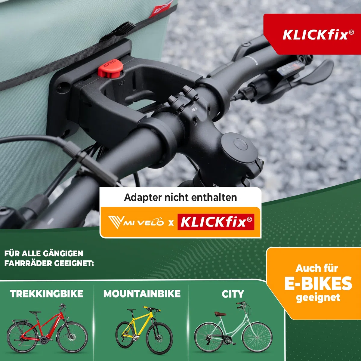 MIVELO Lenkertasche Fahrrad passend für KLICKfix - 100% wasserdicht - Fahrradtasche Lenker - abnehmbares Handyfach - Tasche Lenker - E-Bike tauglich (Mint, ohne Adapter)