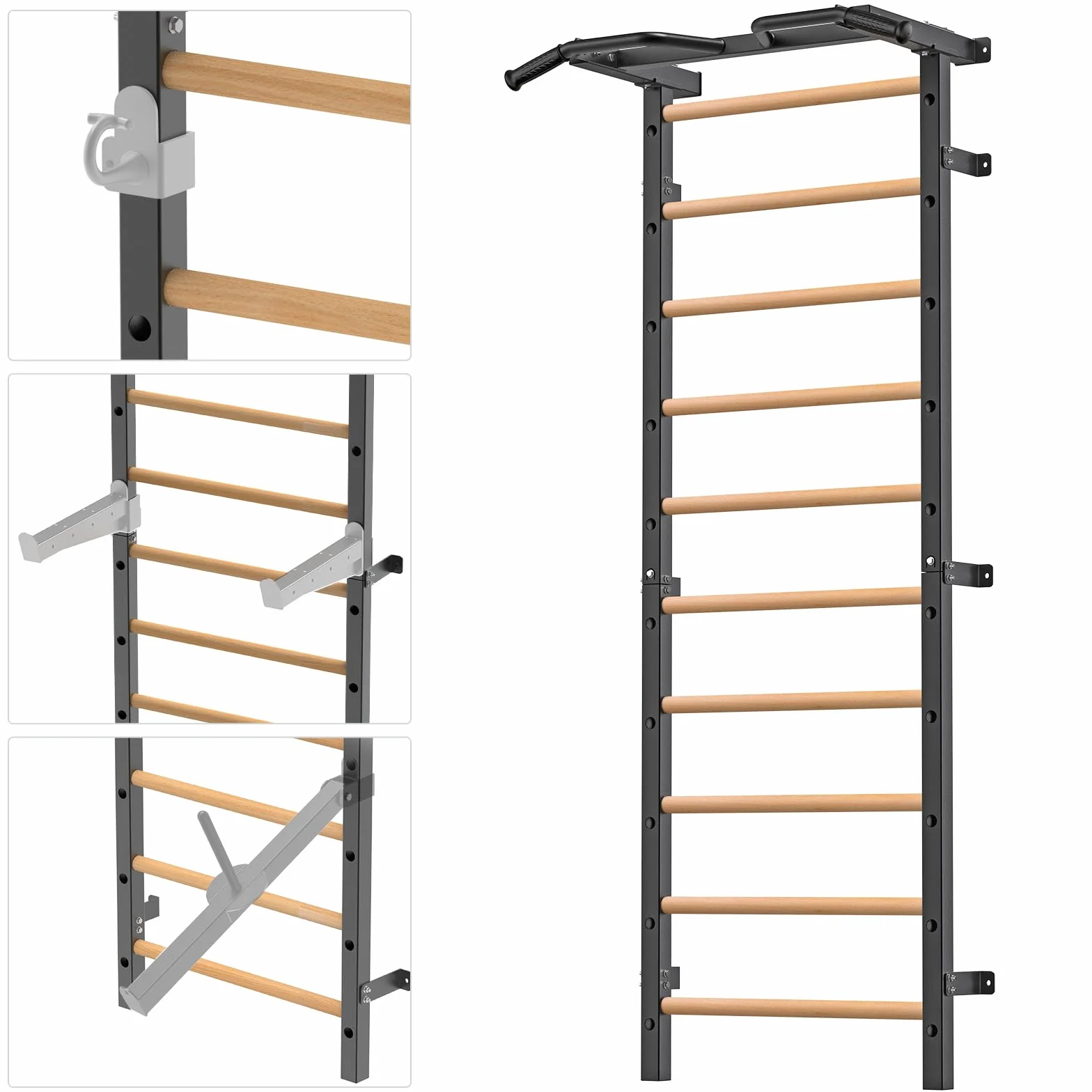 Kipika Turnreck – 5,1 x 5,1 cm schwedische Leiter mit 2,5 cm Loch, wandmontierter Klimmzugstangen-Leiter-Schlingentrainer, Gymnastik-Trainingsreck mit Massivholzgriffen für Zuhause, Wandturnhalle