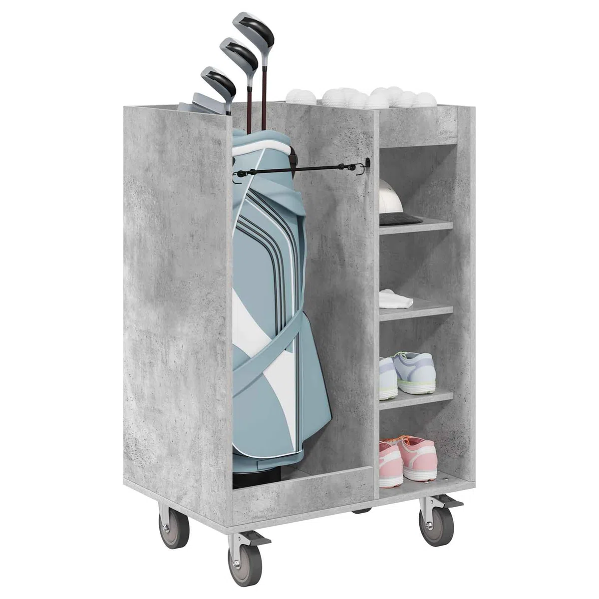 Gecheer Golfschrank mit Rädern, Aufbewahrungsschrank für Golfzubehör, 65 x 45 x 98 cm, Holzschrank mit Metallrückwand, freistehende Regale, für Garage oder Wohnraum