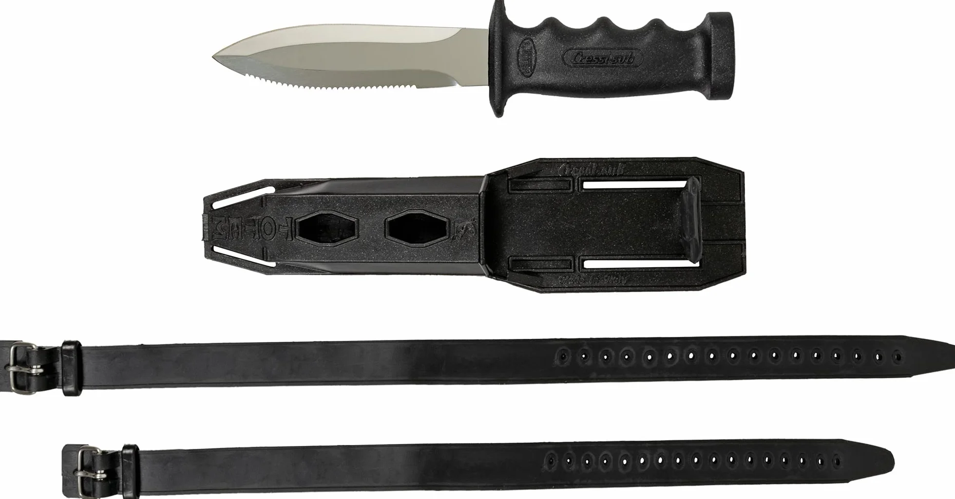 Cressi Supertotem - Tauchmesser Rettungsmesser Bootsmesser mit Glatter/Gezahnter 12,4 cm Klinge aus Rostfreiem Stahl, Anatomisches Diving Knife, Tauchermesser + Scheide + 2 Wadenriemen, Klinge 23,2 cm