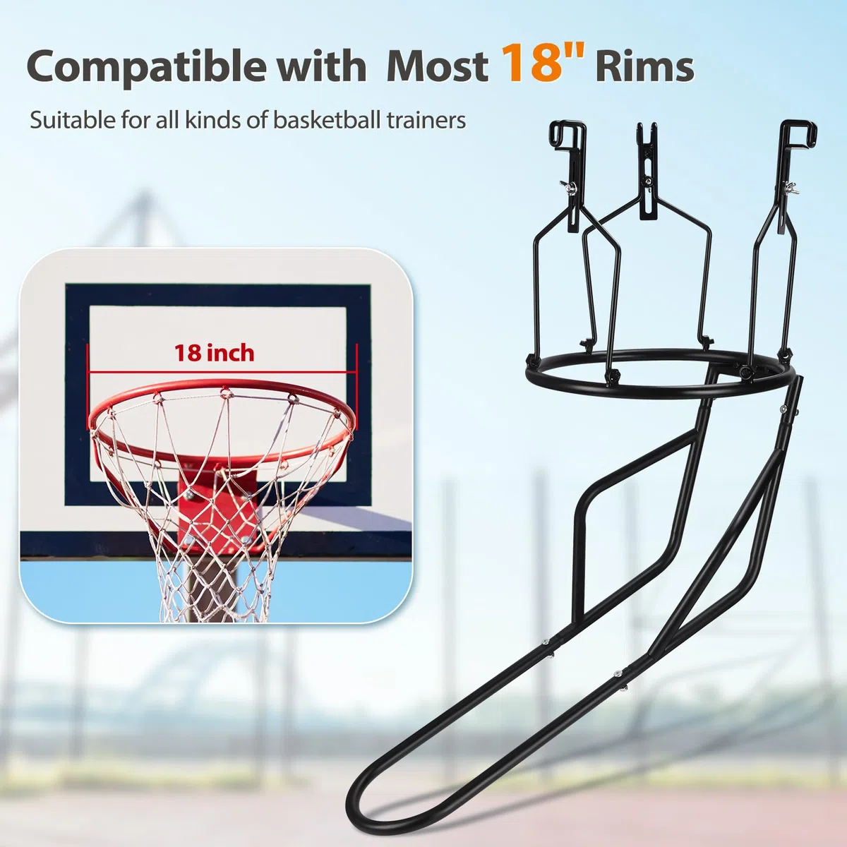 GADFISH Basketball-Rücklaufbefestigung, robuster Basketball-Rebounder mit 3 stabilen großen Haken, langlebiges Basketballzubehör für 45,7 cm Felge, Basketball-Training, Schwarz