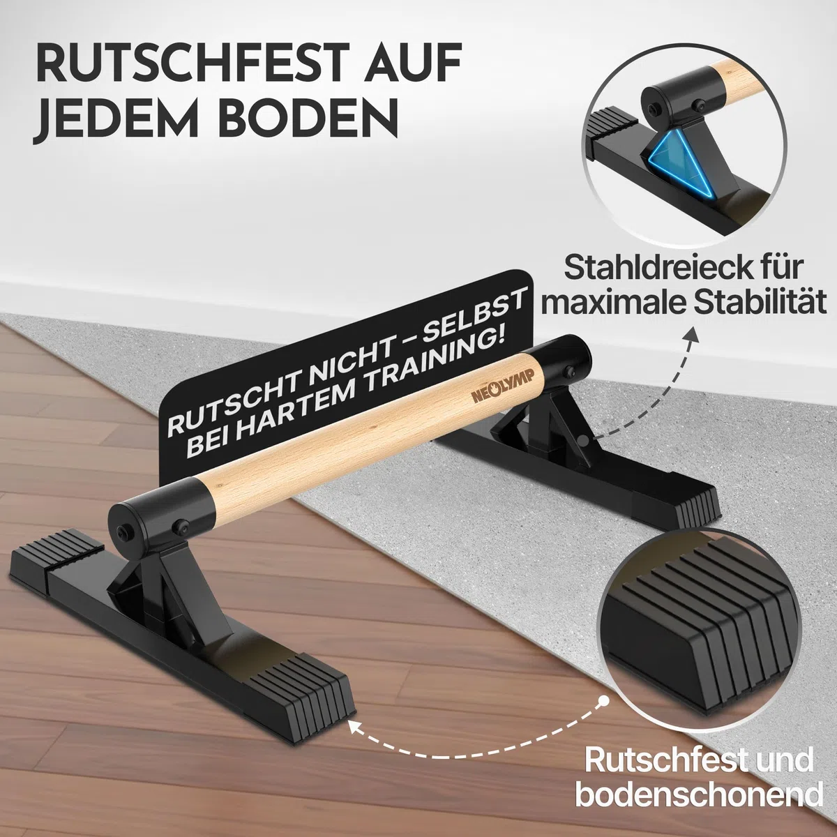 NEOLYMP 2er Set handgelenkschonende Holz Liegestützgriffe mit Calisthenics-Übungen - handgefertigten Parallettes, Push up Bar, Handstand Griffe, Dip Barren, Calisthenics-Equipment