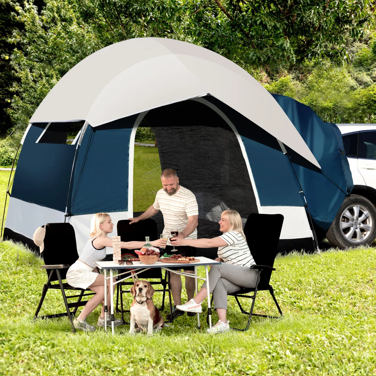 Universal Heckzelt SUV Zelt zum Campen, 6 Personen Autocampingzelt, SUV Heckklappenzelt für Außenbereich, Einfach aufzubauendes Zelt mit Regendach, 250 x 250 x 210 cm, für Auto, CUV, Minivan