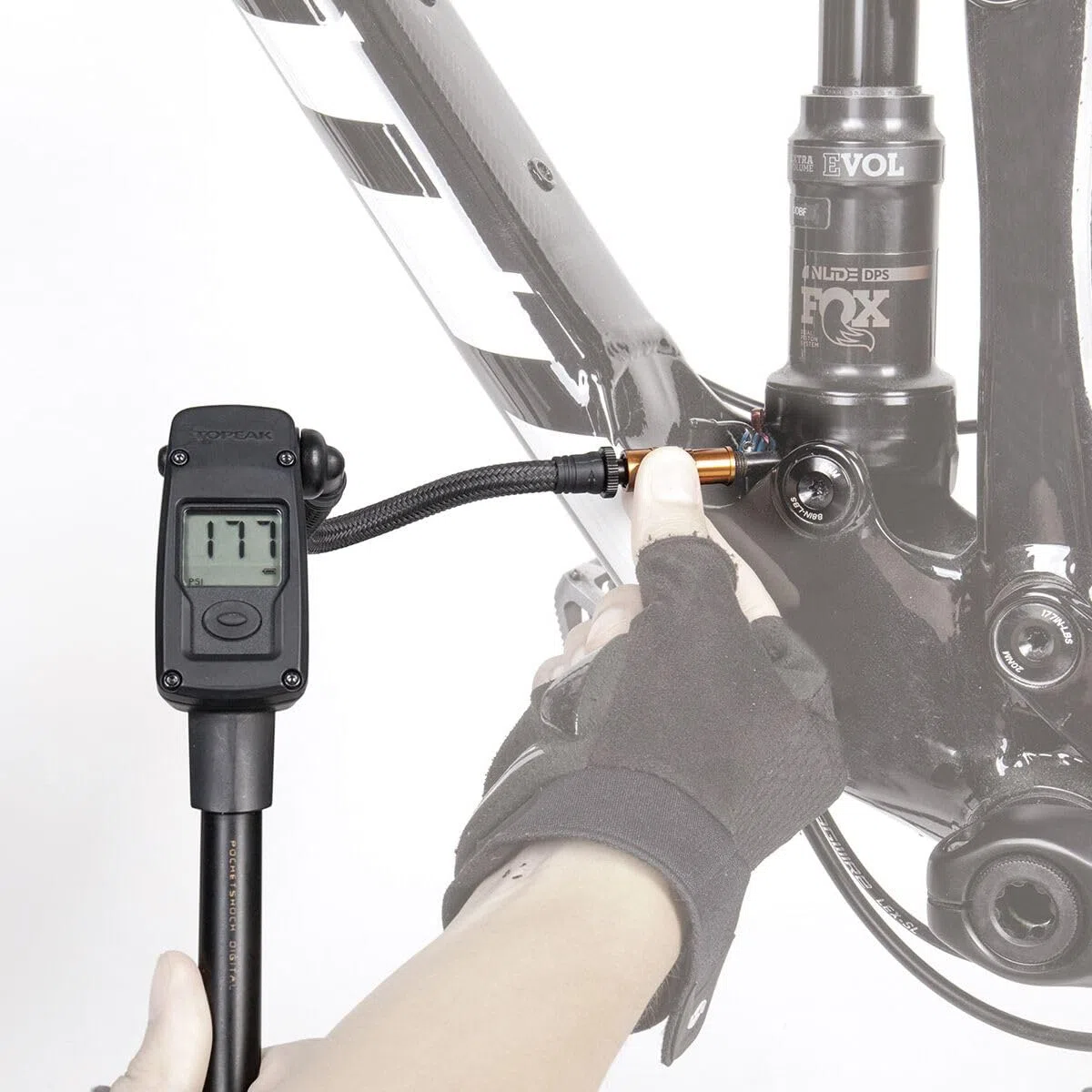 Topeak PocketShock Digitale Schock-Pumpe mit 300 PSI Digitalanzeige, Druck-Rite-Anschluss und Luftauslassknopf