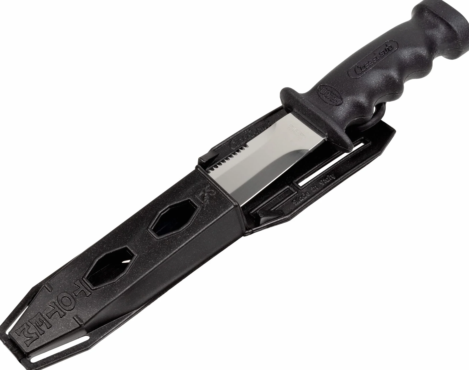 Cressi Supertotem - Tauchmesser Rettungsmesser Bootsmesser mit Glatter/Gezahnter 12,4 cm Klinge aus Rostfreiem Stahl, Anatomisches Diving Knife, Tauchermesser + Scheide + 2 Wadenriemen, Klinge 23,2 cm