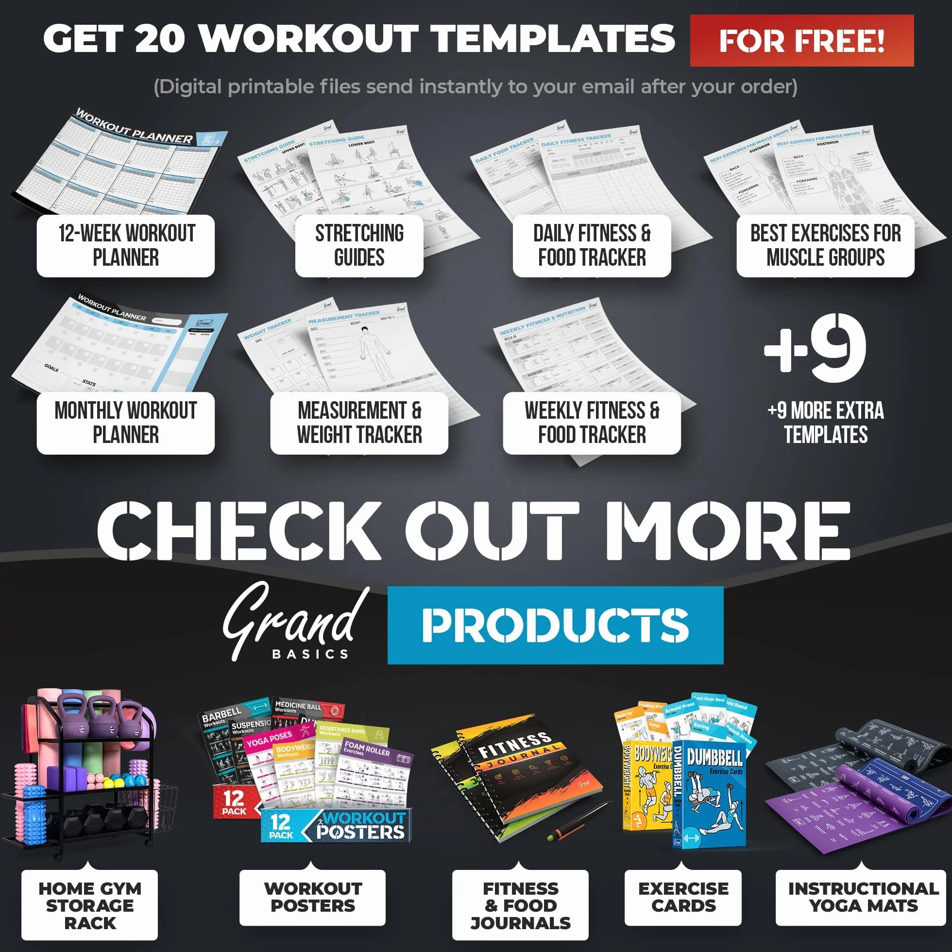 Laminiertes großes Workout-Poster-Set – perfekte Workout-Poster für das Fitnessstudio zu Hause – inkl.Übungstabellen, 12er-Set Hantel-, Yoga-Posen, Widerstandsband-, Kugelhantel-, Stretching- usw.