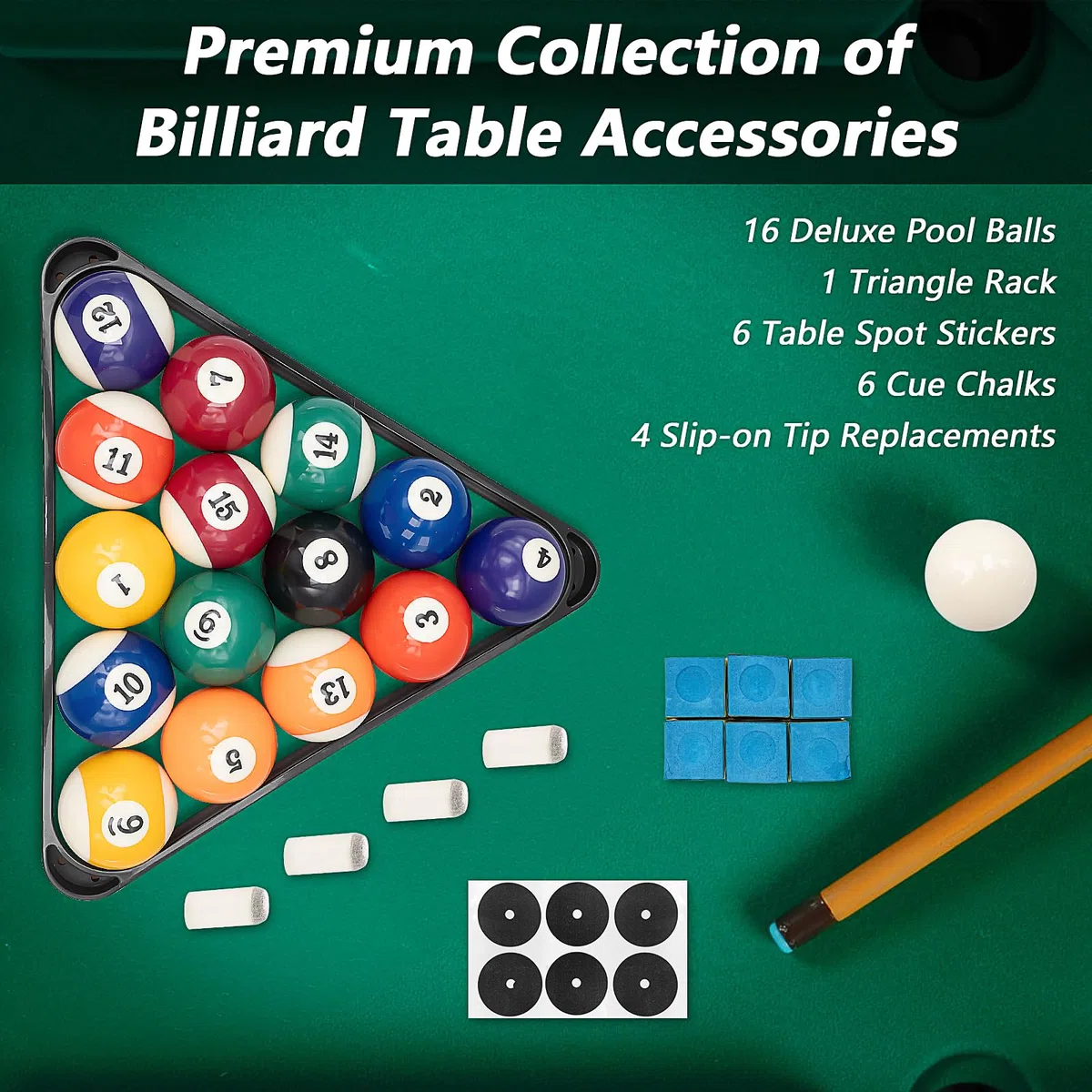 Billard Zubehör Set Komplett mit Kugeln, Dreieck, Kreide & Ersatzspitzen – Pool Billardkugeln Set 57,2 mm, Pool Tisch Zubehör für Zuhause, Bar & Verein