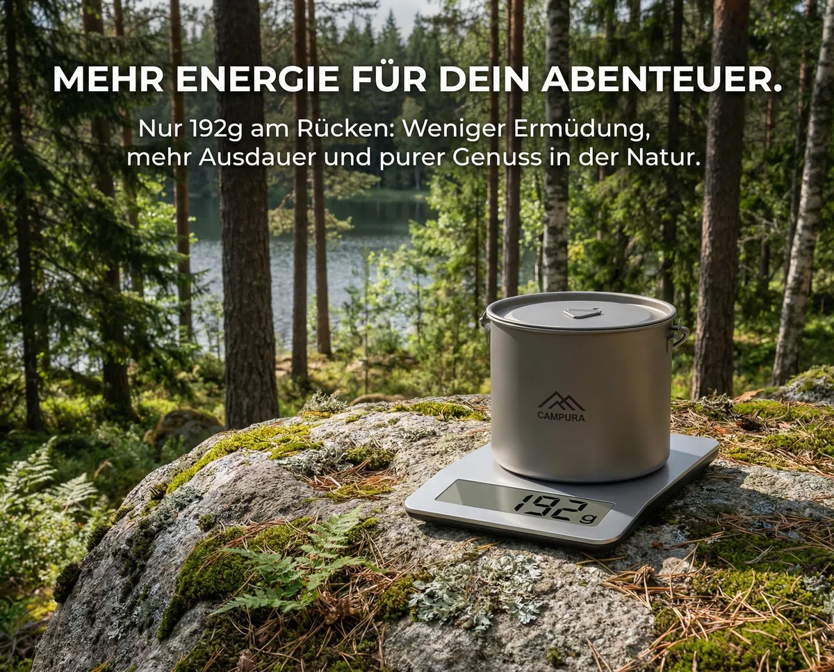 Titan Topf 1100 ml mit abnehmbarem Griff und Henkel – Ultraleichtes Camping Geschirr Set mit Messskala, Deckel & Netzbeutel für Outdoor, Bushcraft, Trekking (192g)