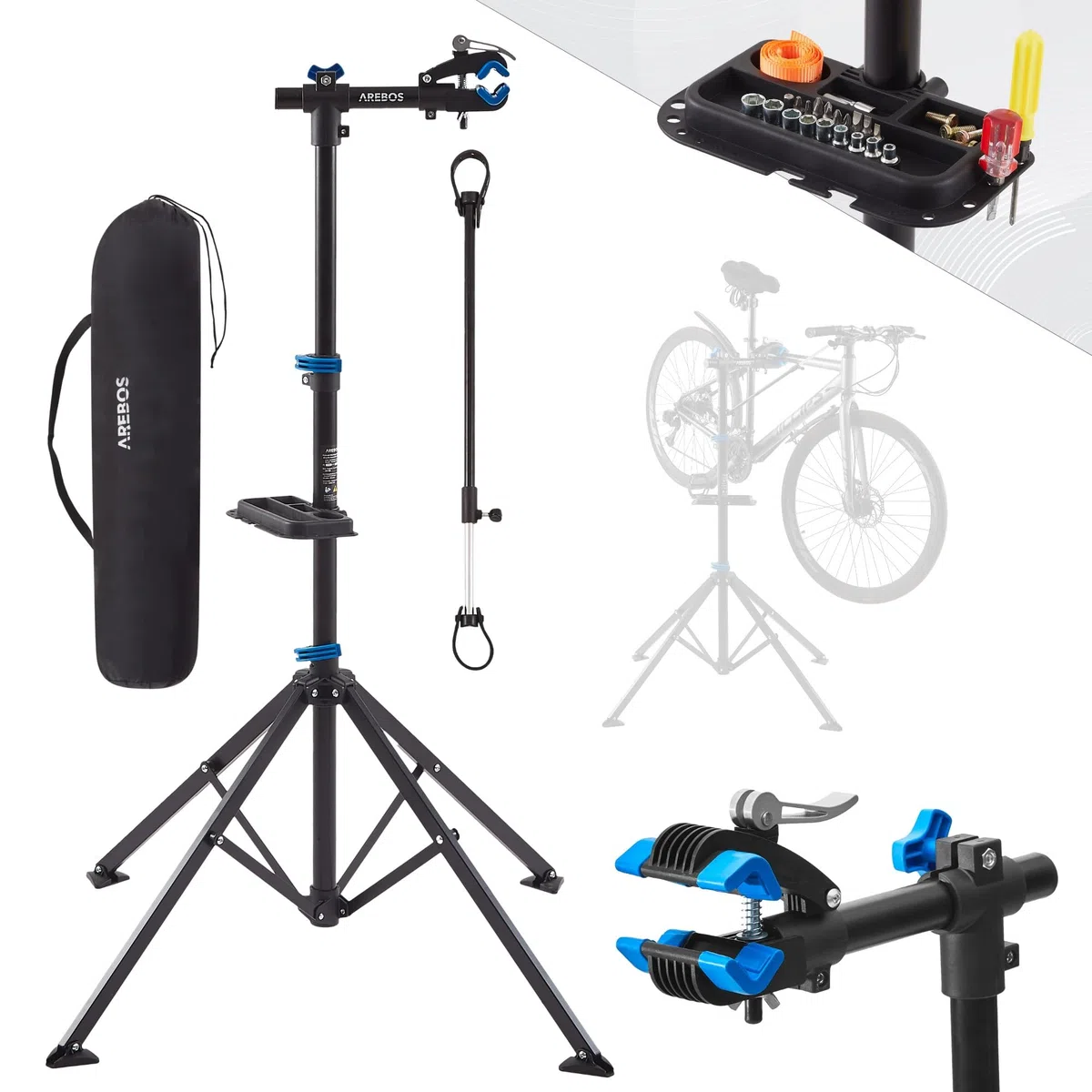 Arebos Fahrrad-Montageständer mit Tasche, 360° drehbar, für Mountainbike, E-Bike und Citybike, mit Schnellspannvorrichtung, Profi-Reparaturständer Schwarz/Blau
