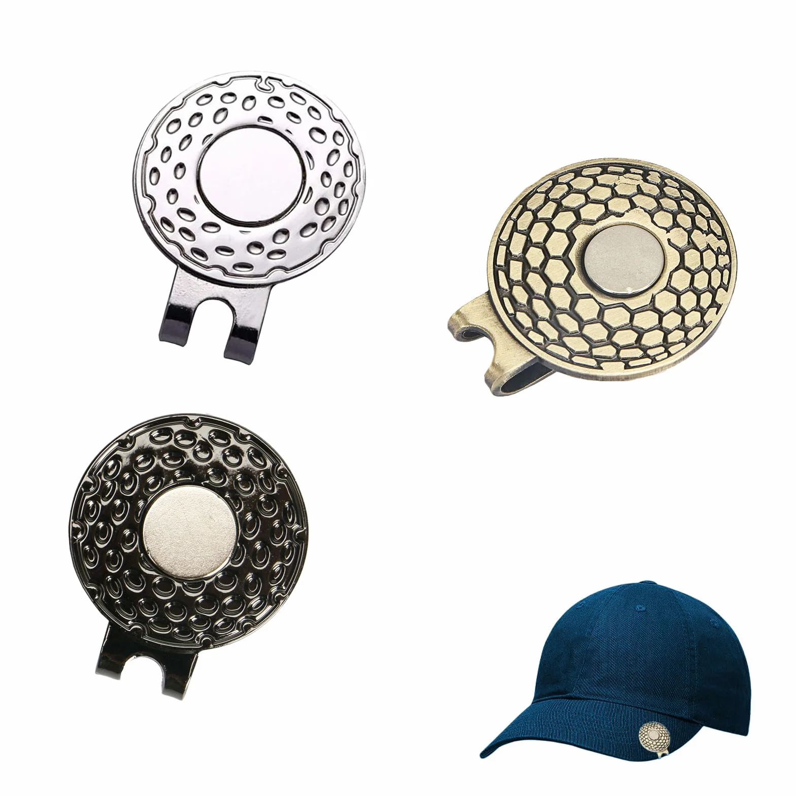 3 Stück Magnetischer Golfball-Markierer, Clip, Golf-Hut-Clip, Golf-Trainingshilfen, Zinklegierung, Zubehör, Silber, Bronze, Schwarz