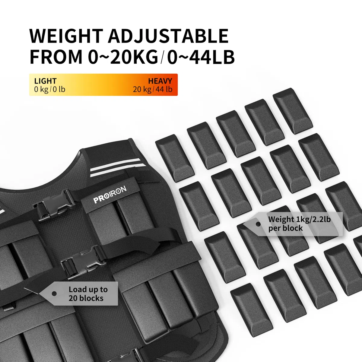 PROIRON Verstellbare Gewichtsweste 10/20kg mit Reflektierenden Streifen für Laufen/Krafttraining/Workout/Jogging und Home Gym.