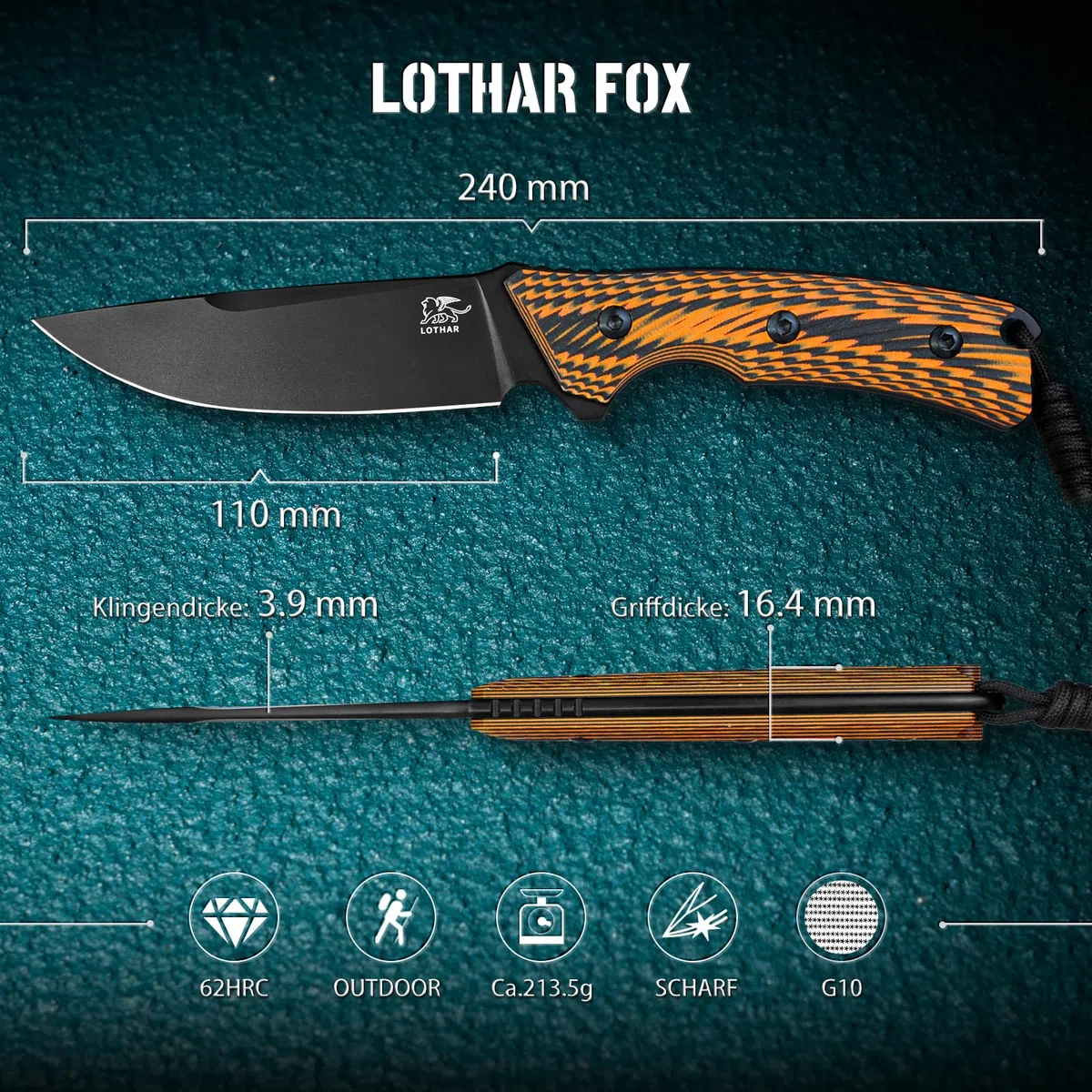 LOTHAR FOX Jagdmesser aus D2 Stahl, Outdoor Messer mit G10 Griff, Full Tang, Zweifarbiges Outdoor Messer Survival, Fahrtenmesser, für Outdoor Liebhaber und Abenteuer