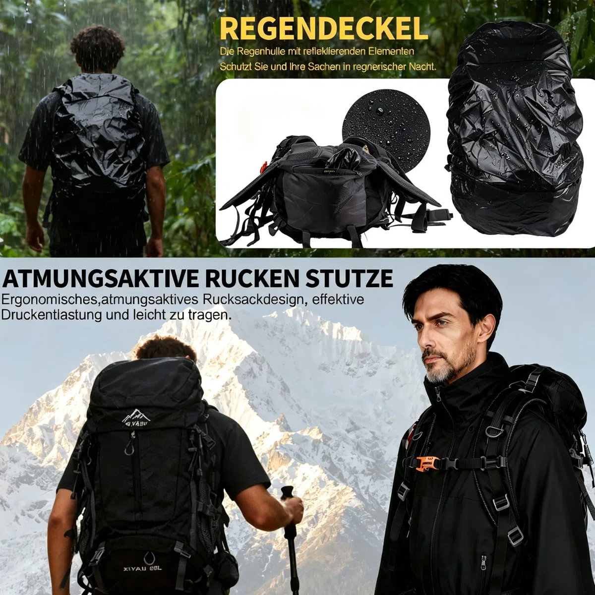 Wanderrucksack 60L Wasserdicht mit Regenhülle – Trekkingrucksack mit Tragesystem, Trinksystem-Kompatibilität, Schuhfach, Leicht & Ergonomisch für Camping, Wandern & Mehrtagestouren (Schwarz)