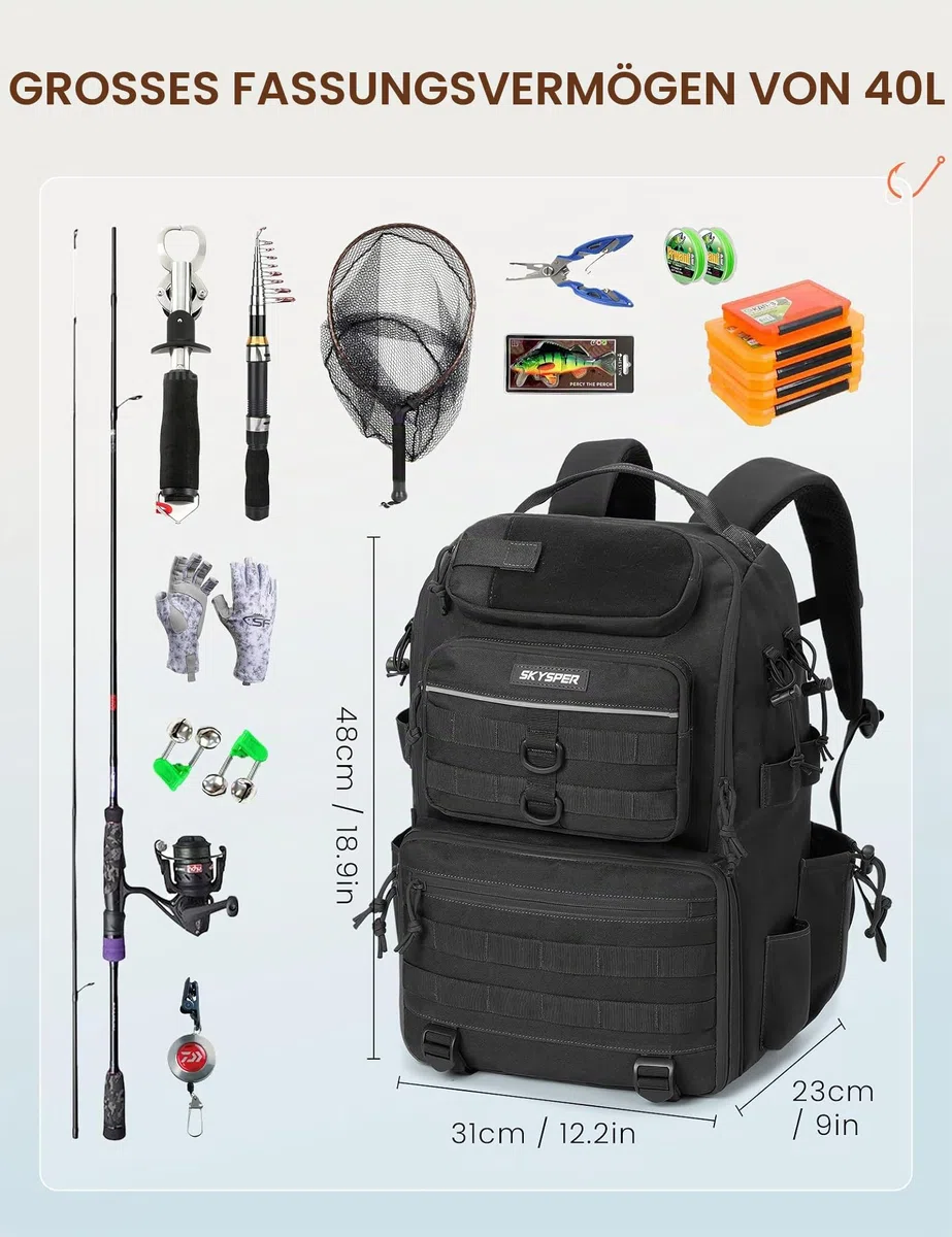SKYSPER Angelrucksack mit Rutenhalter, 40-Liter Angeln Rucksack mit Verstellbarem Fach für Angeln