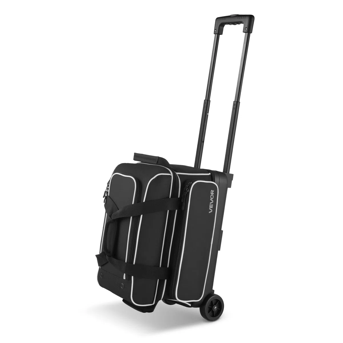 VEVOR Bowlingballtasche für 2 Bälle mit Doppelrollen & separatem Fach für Schuhe (bis US-Größe 16) & übergroßer Zubehörtasche, einziehbarer Griff lässt Sich auf 105 cm ausziehen Schwarz + Weiß