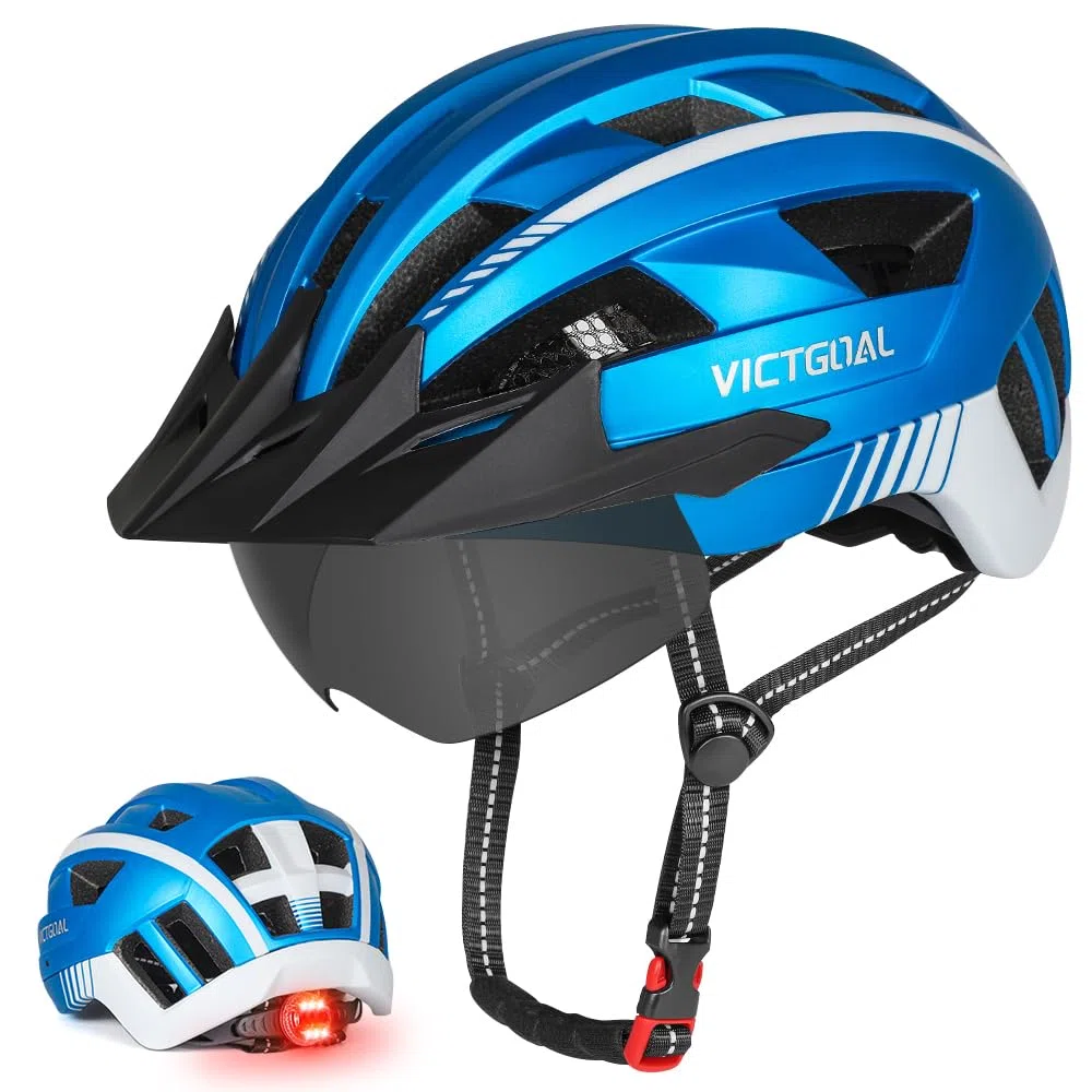 VICTGOAL Fahrradhelm MTB Mountainbike Helm mit magnetischem Visier Abnehmbarer Sonnenschutzkappe und LED Rücklicht Radhelm Rennradhelm für Erwachsenen Herren Damen